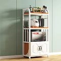 White Multi Tiered Kitchen Storage Shelf With Microwave And Appliances On Light Green Wall Background