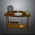 Wooden Console Table With Mirror Decorative Plate Green Pitcher Wicker Basket And Carved Legs