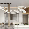 Modern Elegant Open Concept Lounge Area With Sofas Coffee Tables Pendant Lights Bookshelves Bar Counter