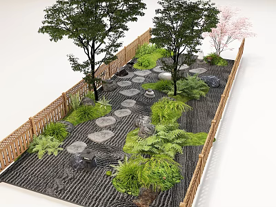 Serene Garden Courtyard With Wooden Fence Stone Stepping Path Green Plants And Cherry Blossom Tree 3d model