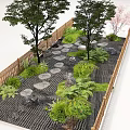 Serene Garden Courtyard With Wooden Fence Stone Stepping Path Green Plants And Cherry Blossom Tree