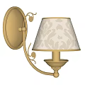Elegant Brass Wall Sconce With Patterned Fabric Shade And Decorative Scroll Design