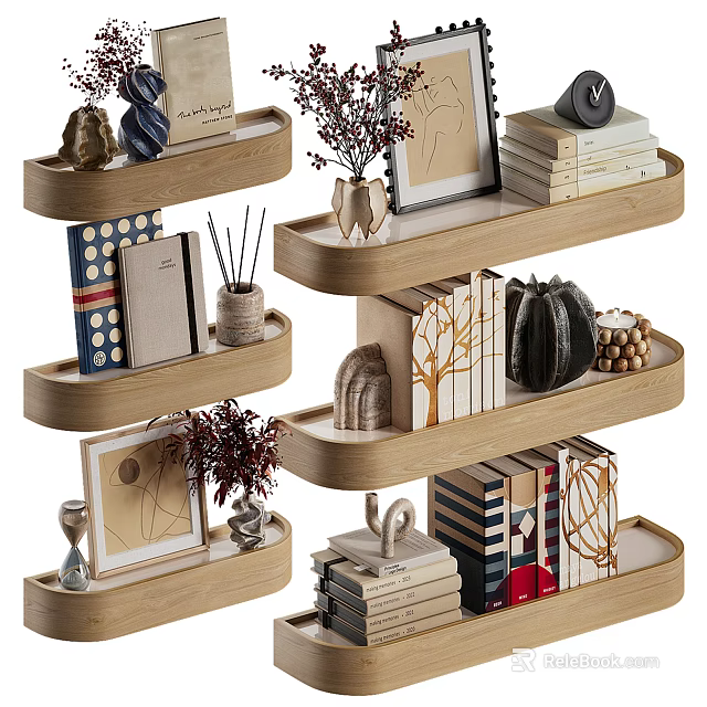 Wooden Display Shelves with Multiple Tiers Showcasing Decorative Items Books and Photo Frames 3d model 