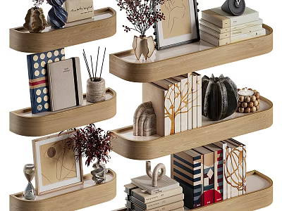 Wooden Display Shelves with Multiple Tiers Showcasing Decorative Items Books and Photo Frames 3d model
