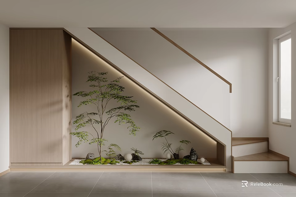 Modern Staircase Interior Design With Wooden Panel And Green Plant Decor 3d model 