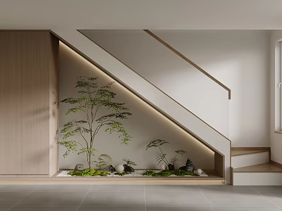 Modern Staircase Interior Design With Wooden Panel And Green Plant Decor 3d model