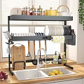 Functional Kitchen Utensil Set with Plates Cups Knives Cutting Board above Sink in Modern Kitchen