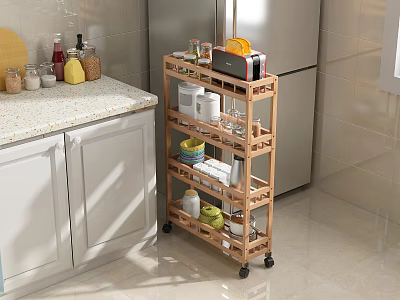 Wooden Multi Layer Rolling Storage Rack For Kitchen Organizing Supplies And Containers 3d model