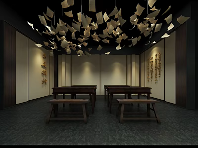 Cultural Center Interior Design with Calligraphy Works Ceiling Paper Decor and Wooden Tables Benches 3d model