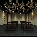 Cultural Center Interior Design with Calligraphy Works Ceiling Paper Decor and Wooden Tables Benches