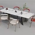 Modern Dining Table Set with Marble Top and Red Backrest White Cushion Chairs 3d model