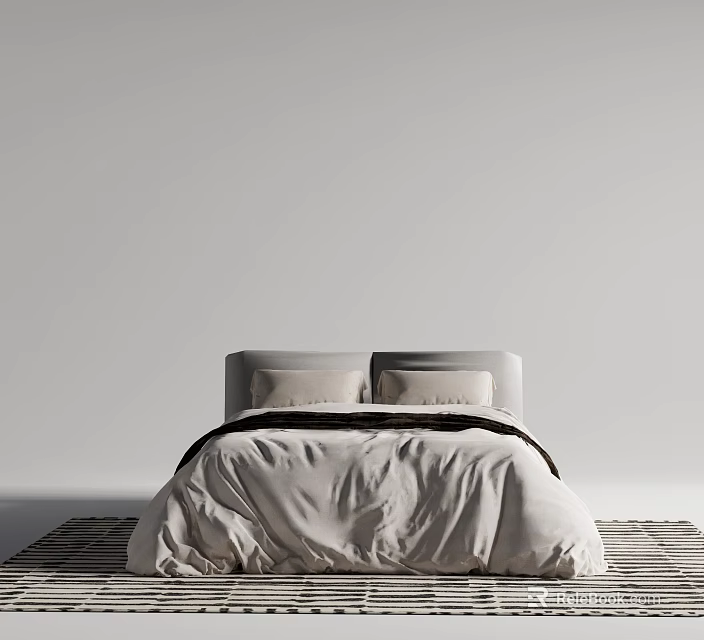 Stylish Gray Double Bed with Soft Duvet Pillows and Headboard on Striped Rug 3d model 