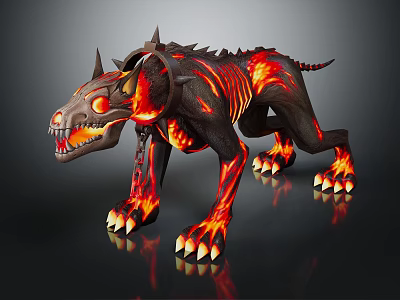 Demonic Fire Hound With Glowing Red Eyes Spiked Horns Sharp Fangs And Burning Body 3d model