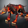 Demonic Fire Hound With Glowing Red Eyes Spiked Horns Sharp Fangs And Burning Body