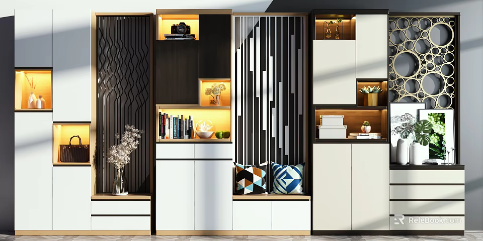 Modern Shoe Cabinet Interior Design With Shelves Lighting And Decorative Elements 3d model