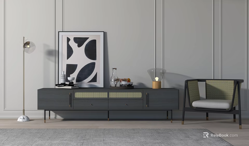 Modern TV Stand With Drawers And Decorative Items Near Geometric Artwork 3d model 