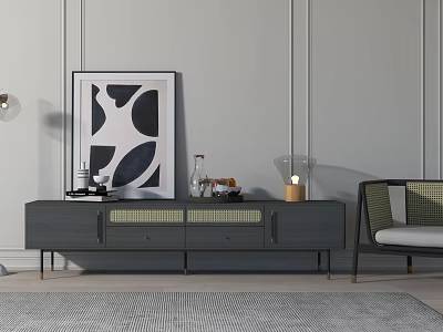 Modern TV Stand With Drawers And Decorative Items Near Geometric Artwork 3d model