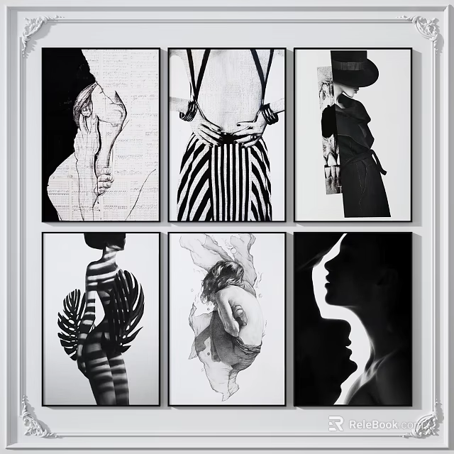 Black and White Figure Paintings With Various Poses Striped Patterns and Shadow Elements 3d model 