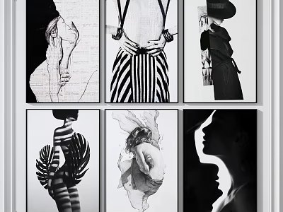 Black and White Figure Paintings With Various Poses Striped Patterns and Shadow Elements 3d model