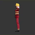 Game and movie character in red firefighter uniform with yellow helmet red star outstretched arms