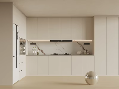 Modern Minimalist Kitchen Interior With White Cabinets Marble Backsplash And Appliances 3d model