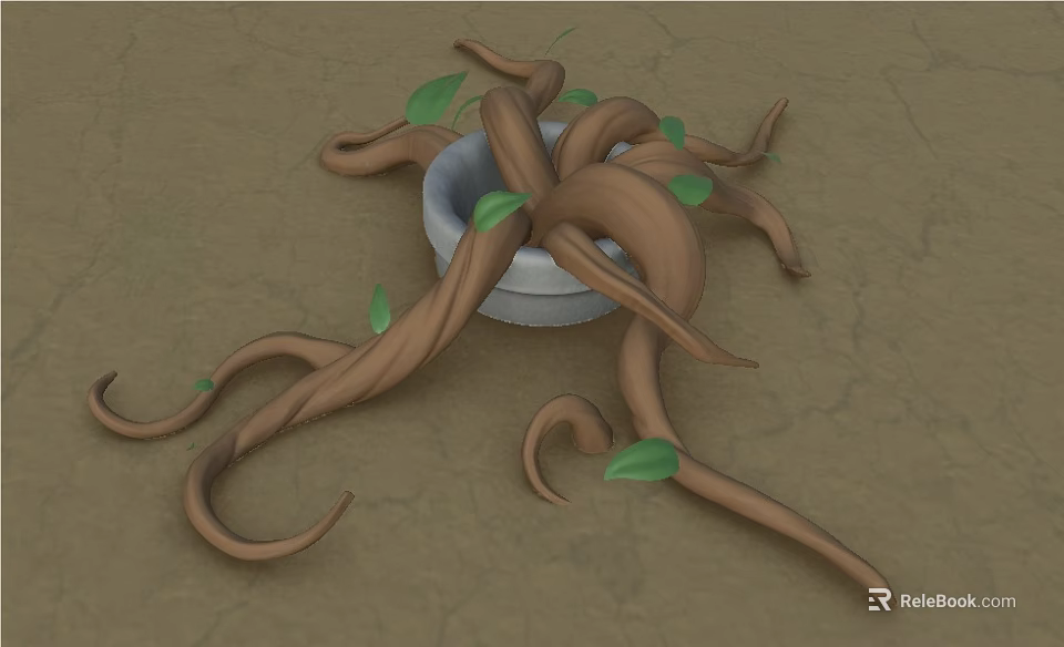 Twisted Roots Structure With White Bowl And Green Leaves On Brown Ground 3d model 