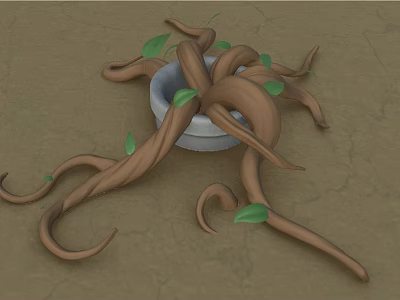 Twisted Roots Structure With White Bowl And Green Leaves On Brown Ground 3d model