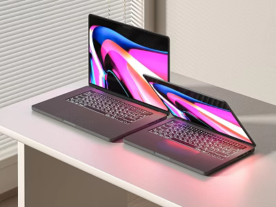 Two Sleek Modern Laptops with Vibrant Colorful Screens on White Desk in Bright Room 3d model