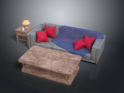 Gray Sofa With Red Pillows Blue Blanket And Wooden Coffee Table Side Table With Lamp 3d model