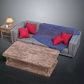 Gray Sofa With Red Pillows Blue Blanket And Wooden Coffee Table Side Table With Lamp