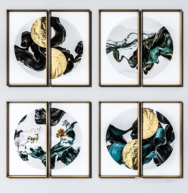 Abstract Paintings With Golden Circles Black Green Flowing Textures And Deer Elements In Frames 3d model