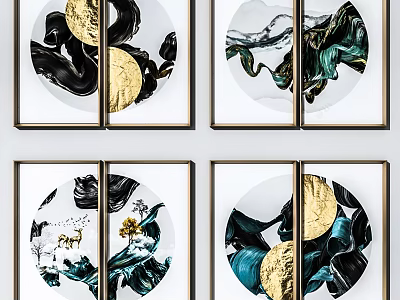 Abstract Paintings With Golden Circles Black Green Flowing Textures And Deer Elements In Frames 3d model
