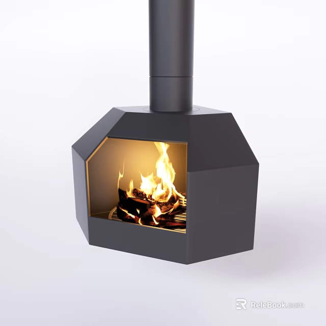 Modern Black Geometric Fireplace With Burning Wood And Flames In Interior Decor 3d model 