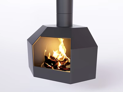 Modern Black Geometric Fireplace With Burning Wood And Flames In Interior Decor 3d model