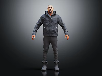 Man In Dark Hooded Jacket And Pants Standing On Gray Background With Boots 3d model