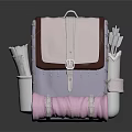 Purple Brown Camping Backpack with Pink Roll Mat and Silver Utensil Holder