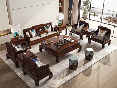 Chinese Dark Wood Sofa and Coffee Table Set with Throw Pillows Side Tables and Rug 3d model