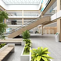 Modern Hospital Outpatient Clinic Lobby With Escalator Green Plants And Digital Screen
