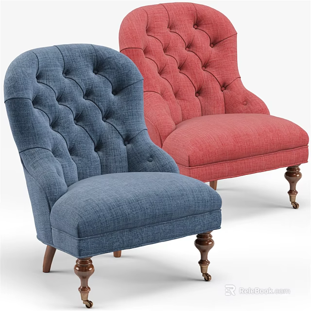 Blue and Red Upholstered Accent Chairs with Button Tufted Design and Wooden Legs 3d model 