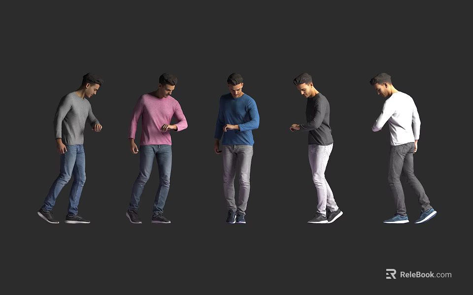 Men In Different Poses Wearing Colorful Casual Tops And Jeans 3d model 