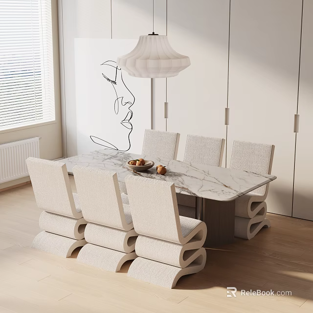 Modern Dining Table Set With Marble Top Six Chairs And Pendant Light 3d model 