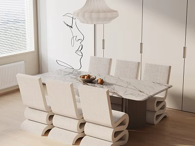 Modern Dining Table Set With Marble Top Six Chairs And Pendant Light 3d model