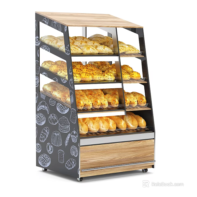 Multi Tier Bakery Display Shelf With Assorted Bread Wooden And Metal Frame And Wheels 3d model 
