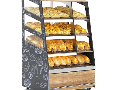 Multi Tier Bakery Display Shelf With Assorted Bread Wooden And Metal Frame And Wheels 3d model