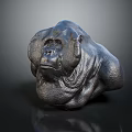 Realistic Metallic Gorilla Head Sculpture With Textured Surface And Dark Background