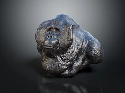 Realistic Metallic Gorilla Head Sculpture With Textured Surface And Dark Background 3d model
