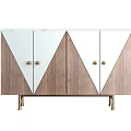 Modern TV Stand With Geometric Design Light Wood White Panels Gold Handles And Legs
