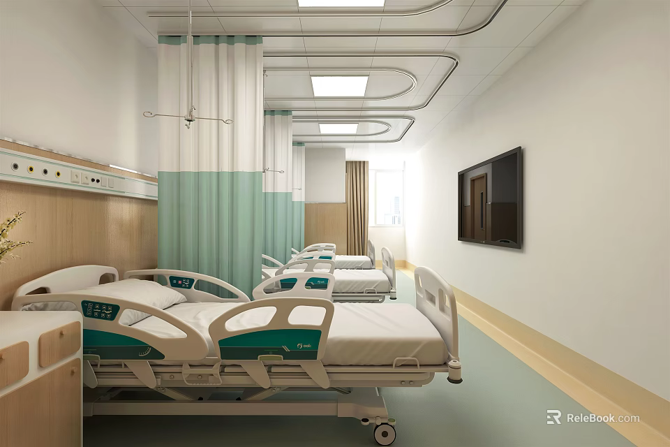Modern Hospital Ward Interior With Medical Beds Curtains TV And Lighting 3d model 