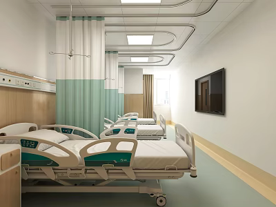 Modern Hospital Ward Interior With Medical Beds Curtains TV And Lighting 3d model