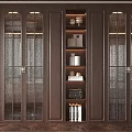 Dark Brown Wardrobe With Glass Doors Built-in Shelves Lighting Strips Decorative Items And Books
